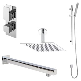 Windon Chrome Shower Pack - Twin Thermostatic Valve, Wall Mounted Fixed Shower Head and Slider Rail Kit