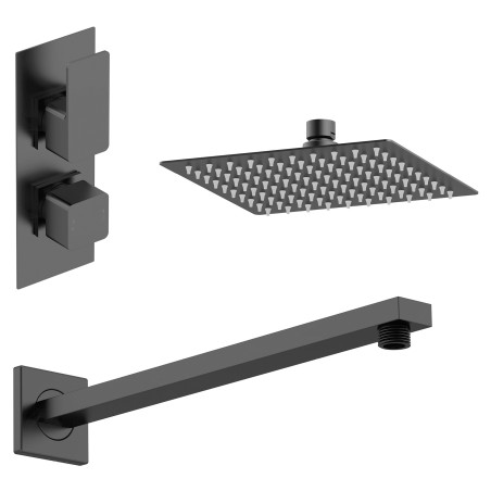 Windon Matt Black Shower Pack - Twin Thermostatic Valve, Wall Mounted Fixed Shower Head
