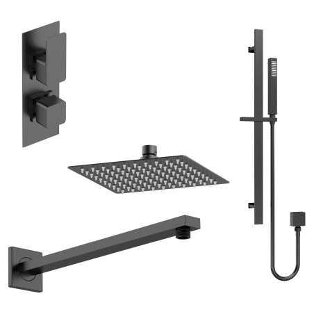 Windon Matt Black Shower Pack - Twin Thermostatic Valve, Wall Mounted Fixed Shower Head and Slider Rail Kit