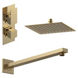 Windon Brushed Brass Shower Pack - Twin Thermostatic Valve, Wall Mounted Fixed Shower Head
