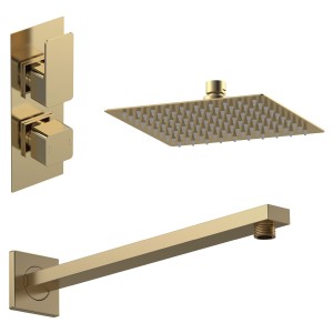 Windon Brushed Brass Shower Pack - Twin Thermostatic Valve, Wall Mounted Fixed Shower Head