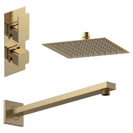 Windon Brushed Brass Shower Pack - Twin Thermostatic Valve, Wall Mounted Fixed Shower Head
