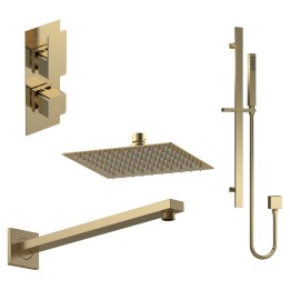 Windon Brushed Brass Shower Pack - Twin Thermostatic Valve, Wall Mounted Fixed Shower Head and Slider Rail Kit