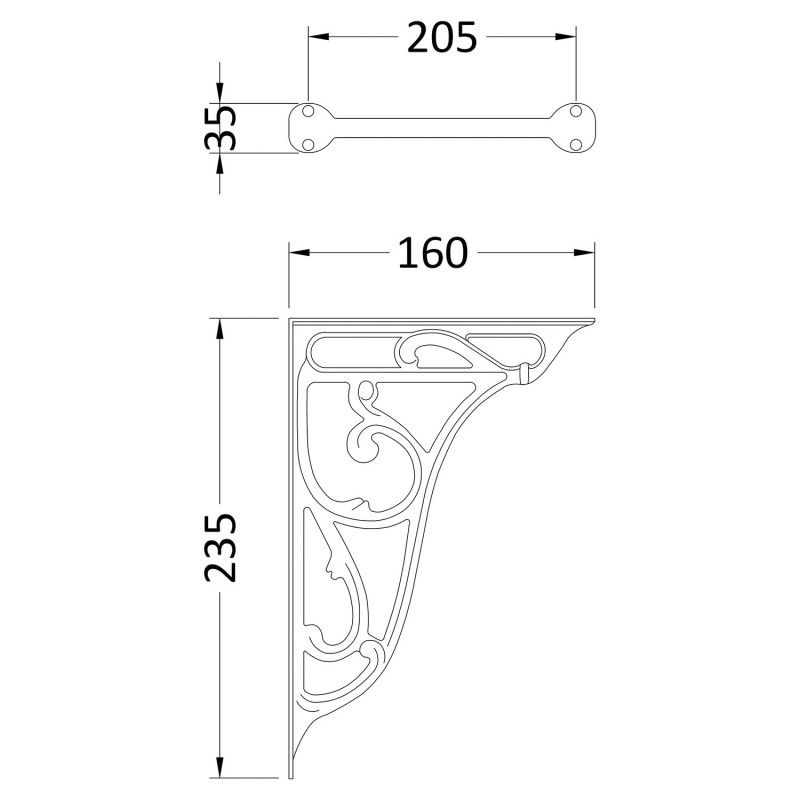 Brushed Brass Ornate Cistern Brackets - Technical Drawing