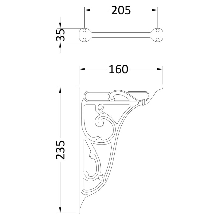 Brushed Brass Ornate Cistern Brackets - Technical Drawing