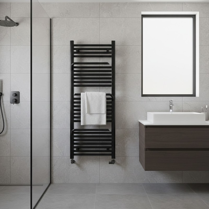 500mm (w) x 1200mm (h) Veno Matt Black Designer Towel Rail - closeup