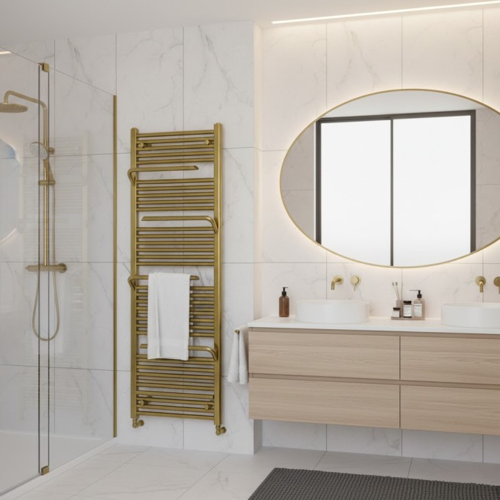 550mm (w) x 1510mm (h) Veno Brushed Brass Designer Towel Rail - closeup
