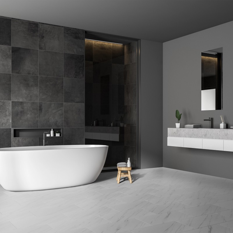 Luvanto Carrara White - Click Plus Stone Luxury Vinyl Flooring - 305mm x 610mm - Insitu