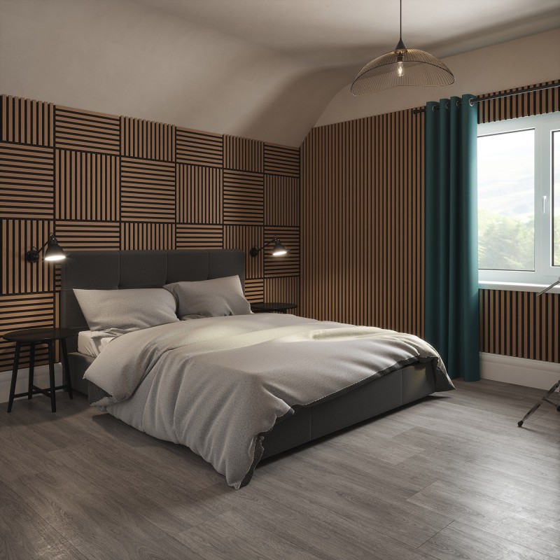 Tuscan Smoked Oak Acoustic Slat Wall Tile - 553mm x 553mm - Insitu