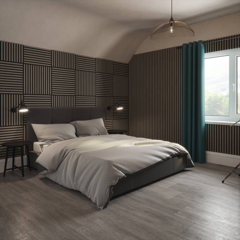 Tuscan Smoked Grey Acoustic Slat Wall Tile - 553mm x 553mm - Insitu