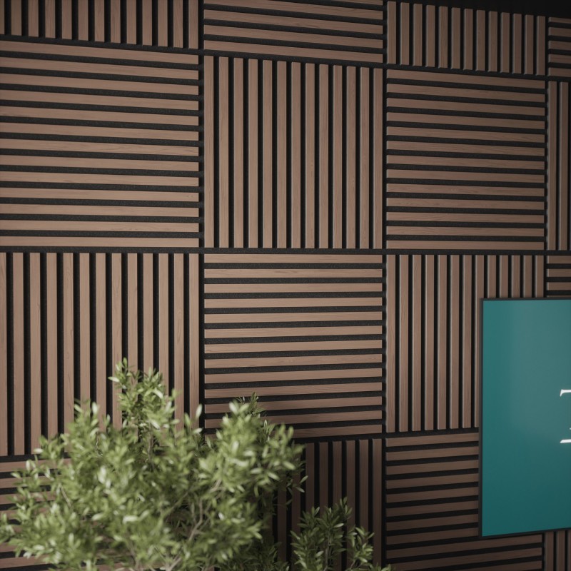 Tuscan Walnut Acoustic Slat Wall Tile - 553mm x 553mm - Pack 4