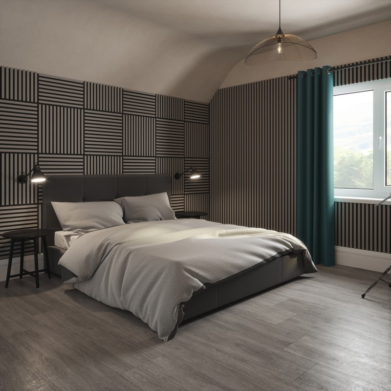 Tuscan Misty Grey Acoustic Slat Wall Tile - 553mm x 553mm - Insitu