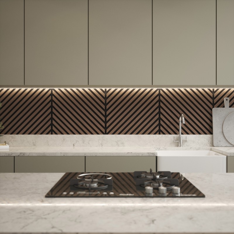 Tuscan Walnut Acoustic Slat Wall Chevron Tile - 553mm x 553mm - Pack 4