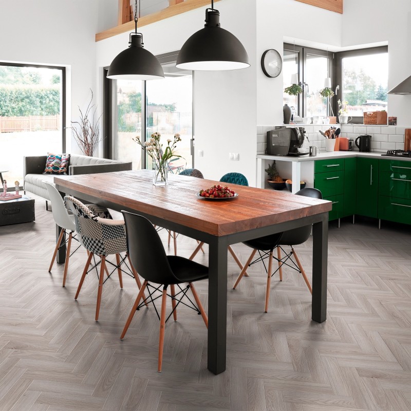 Luvanto Pearl Oak - Contemporary Herringbone Design Luxury Vinyl Flooring - Glue Down - 534mm x 107mm - Insitu