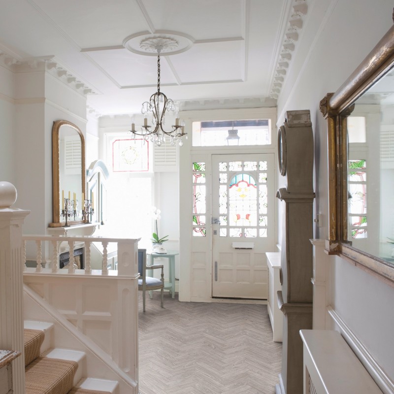 Luvanto Washed Grey Oak - Contemporary Herringbone Design Luxury Vinyl Flooring - Glue Down - 534mm x 107mm - Insitu