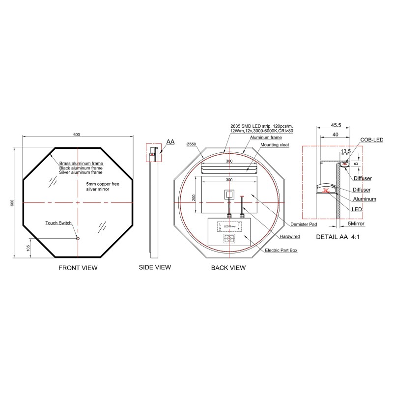 Como Colour Changing Mirrors - 600mm - Black - Technical Drawing