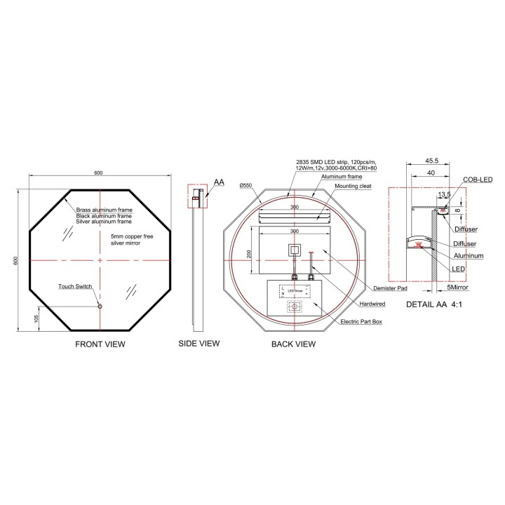 Como Colour Changing Mirrors - 600mm - Black - Technical Drawing