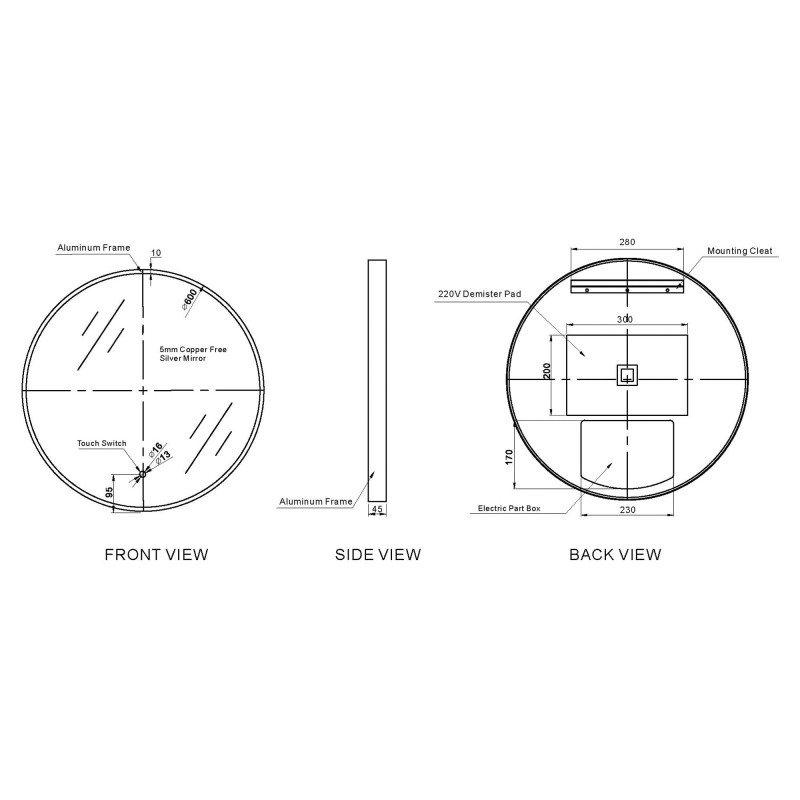Luna Black Frame Steam Free Colour Changing LED Mirror - 600mm - Technical Drawing