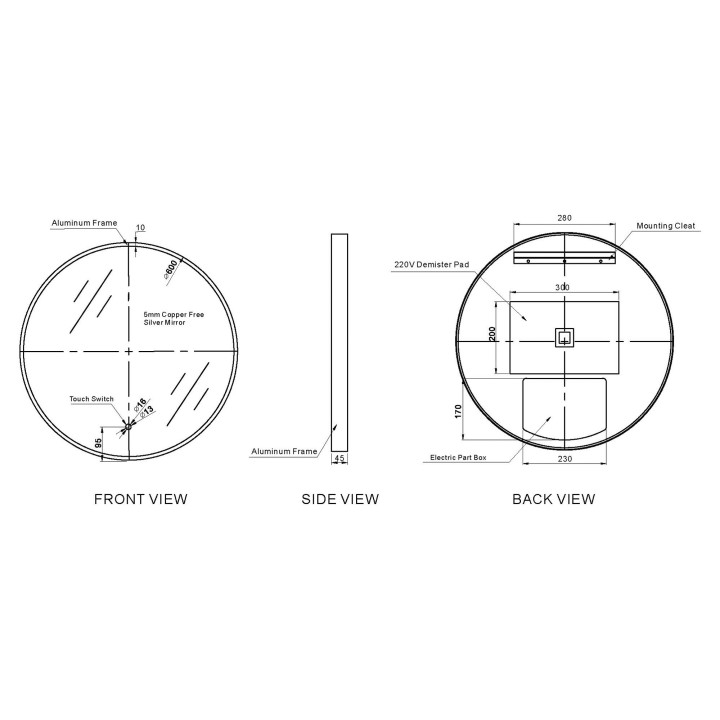 Luna Black Frame Steam Free Colour Changing LED Mirror - 600mm - Technical Drawing