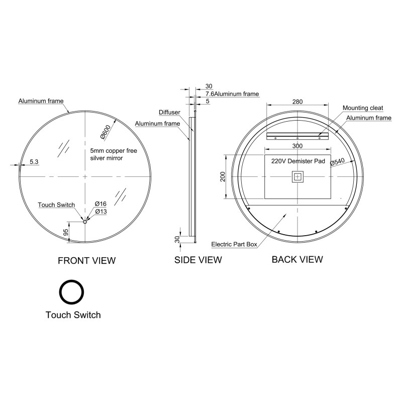 Kai Brushed Brass Frame Steam Free Colour Changing LED Mirror - 600mm - Technical Drawing