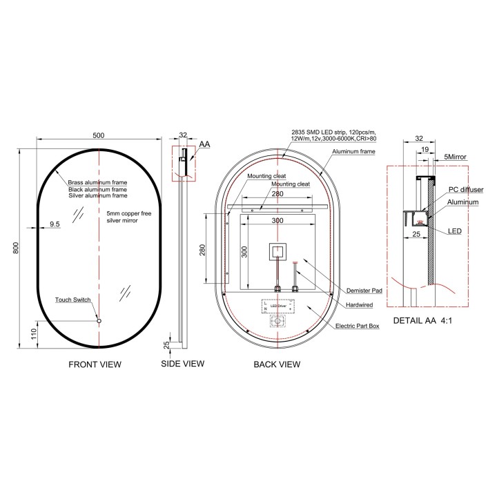 Siena Black Frame Steam Free Colour Changing LED Mirror - 500mm x 800mm - Technical Drawing