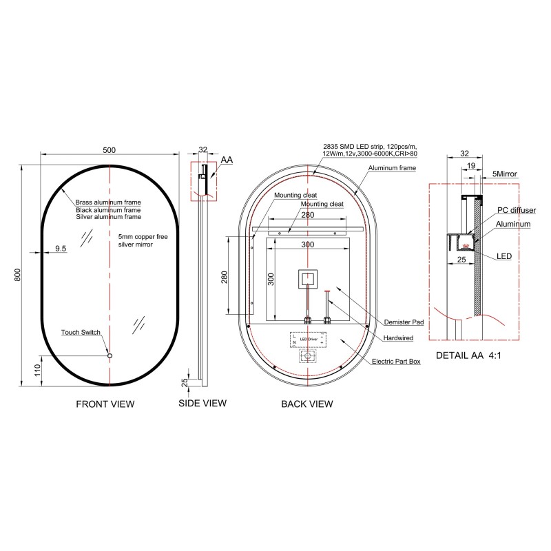 Siena Brushed Brass Frame Steam Free Colour Changing LED Mirror - 500mm x 800mm - Technical Drawing