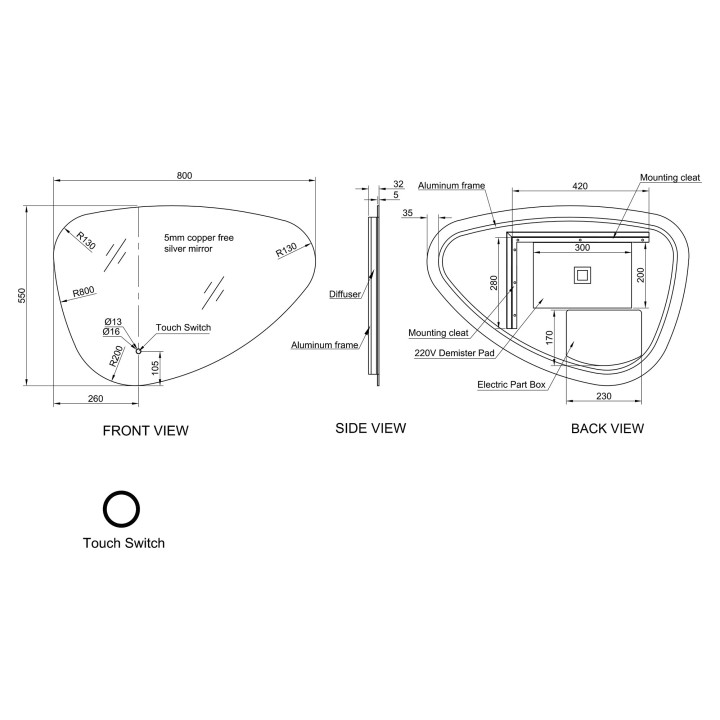 Hermes Pebble Shaped Steam Free Colour Changing LED Mirror - 550mm x 800mm - Technical Drawing