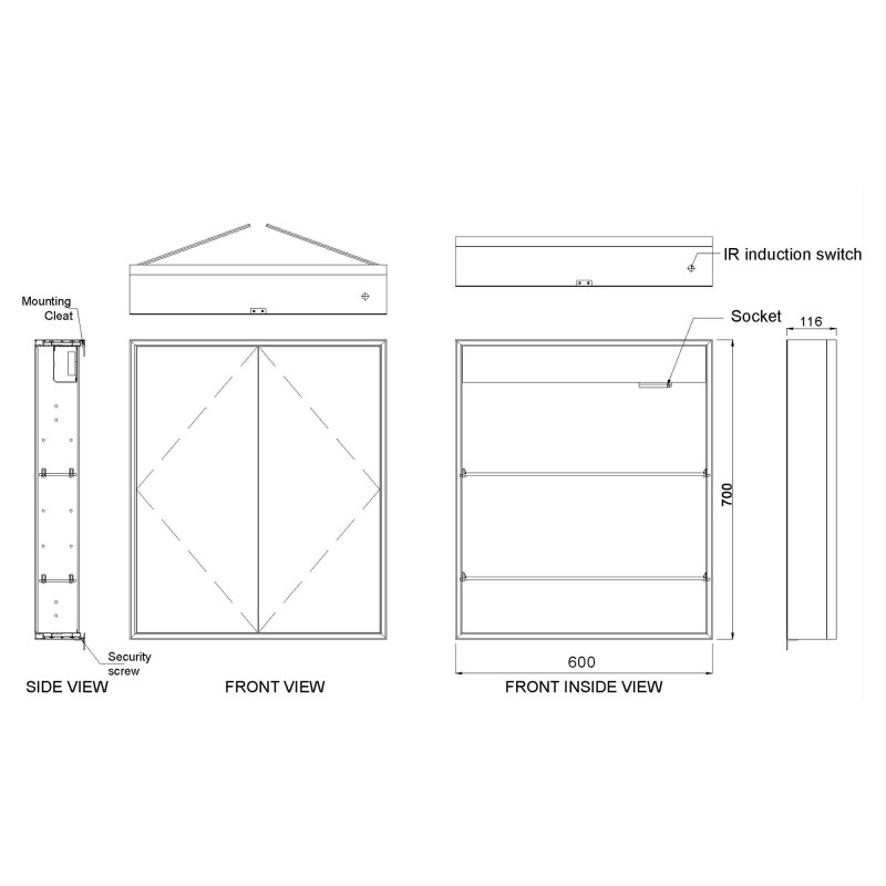 Kia Steam Free Colour Changing LED Mirror Cabinet - 600mm (w) x 700mm (h)