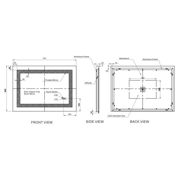 Elyse Steam Free Colour Changing LED Mirror - 500mm (w) x 700mm (h) - Technical Drawing