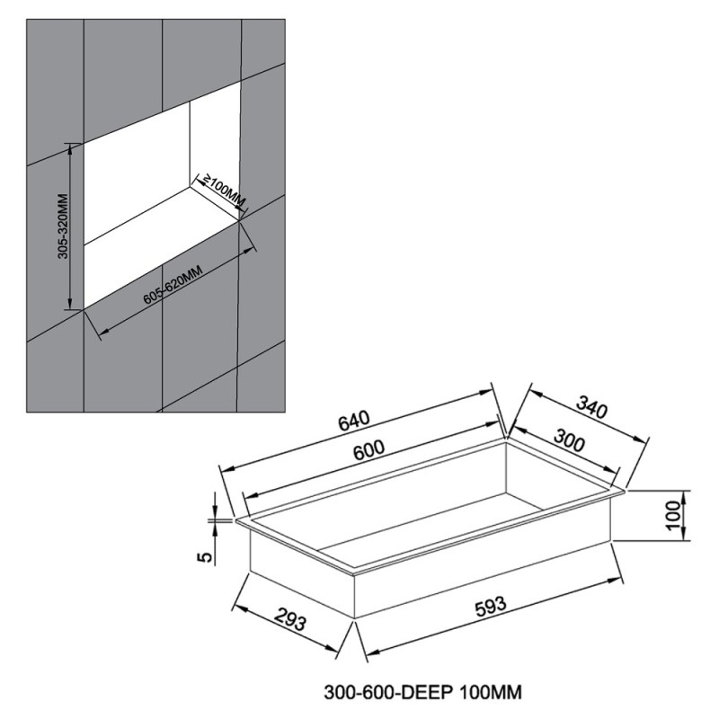 600mm (w) x 300mm (h) Stainless Steel Rectangular Pre-Formed Shower Niche With LED Lighting