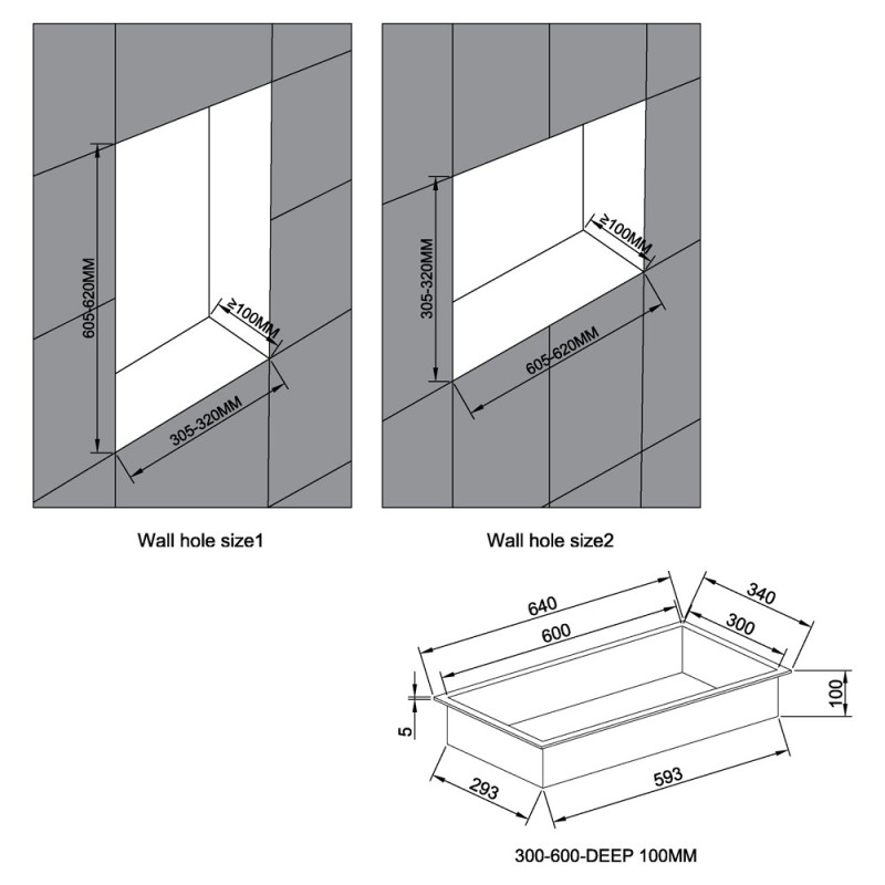 600mm (w) x 300mm (h) Matt Black Stainless Steel Rectangular Pre-Formed Shower Niche With LED Lighting