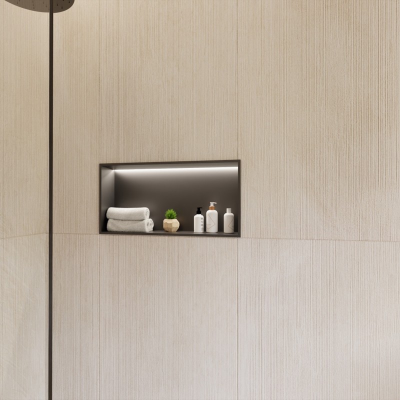 600mm (w) x 300mm (h) Matt Black Stainless Steel Rectangular Pre-Formed Shower Niche With LED Lighting - Insitu