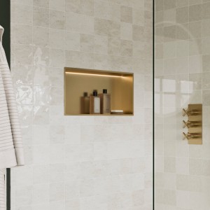 600mm (w) x 300mm (h) Brushed Brass Stainless Steel Rectangular Pre-Formed Shower Niche With LED Lighting