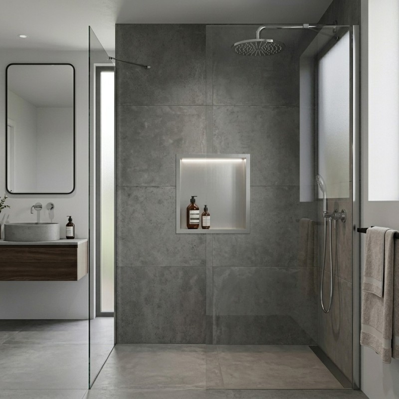 300mm (w) x 300mm (h) Stainless Steel Square Pre-Formed Shower Niche With LED Lighting - closeup
