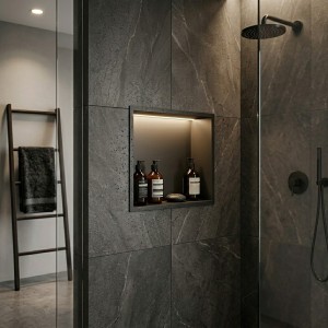 300mm (w) x 300mm (h) Matt Black Stainless Steel Square Pre-Formed Shower Niche With LED Lighting