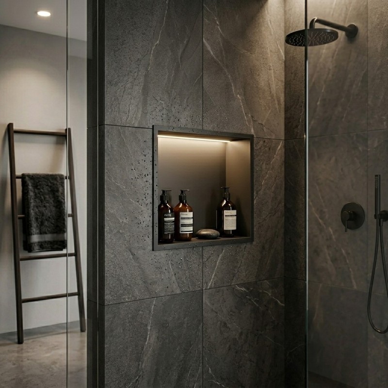 300mm (w) x 300mm (h) Matt Black Stainless Steel Square Pre-Formed Shower Niche With LED Lighting - closeup