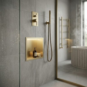 300mm (w) x 300mm (h) Brushed Brass Stainless Steel Square Pre-Formed Shower Niche With LED Lighting