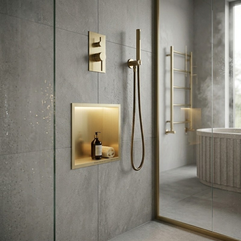 300mm (w) x 300mm (h) Brushed Brass Stainless Steel Square Pre-Formed Shower Niche With LED Lighting - closeup