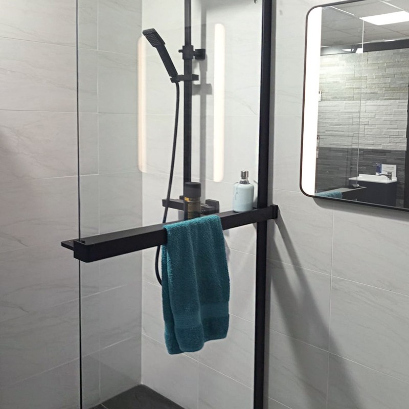 1200mm (w) Matt Black Wetroom Wraparound Towel Holder & Shelf (Cut to Size)