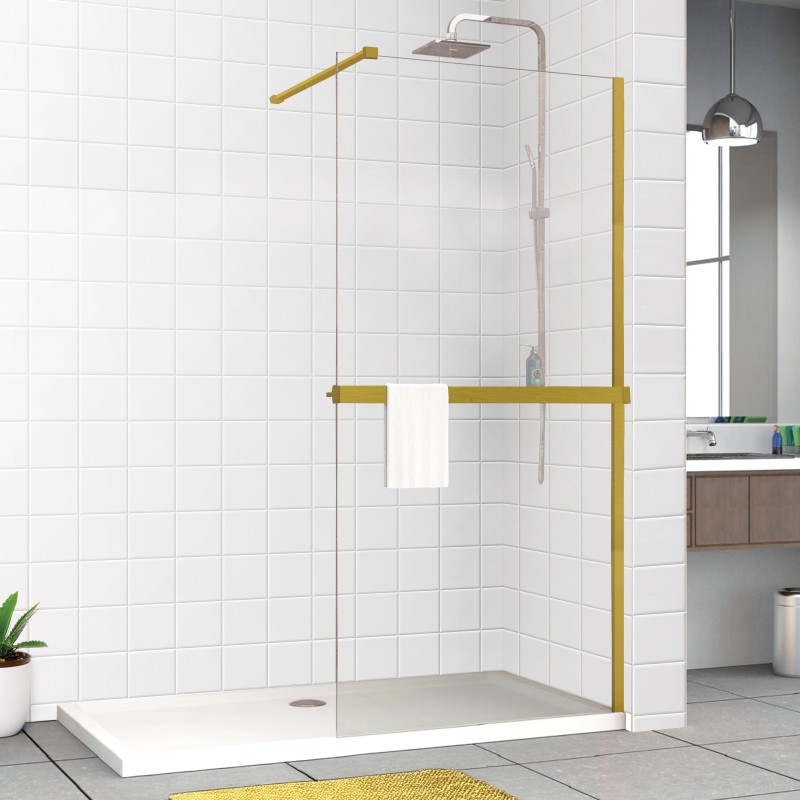 Brushed Brass Wetroom Panel Wraparound Shelf - Insitu