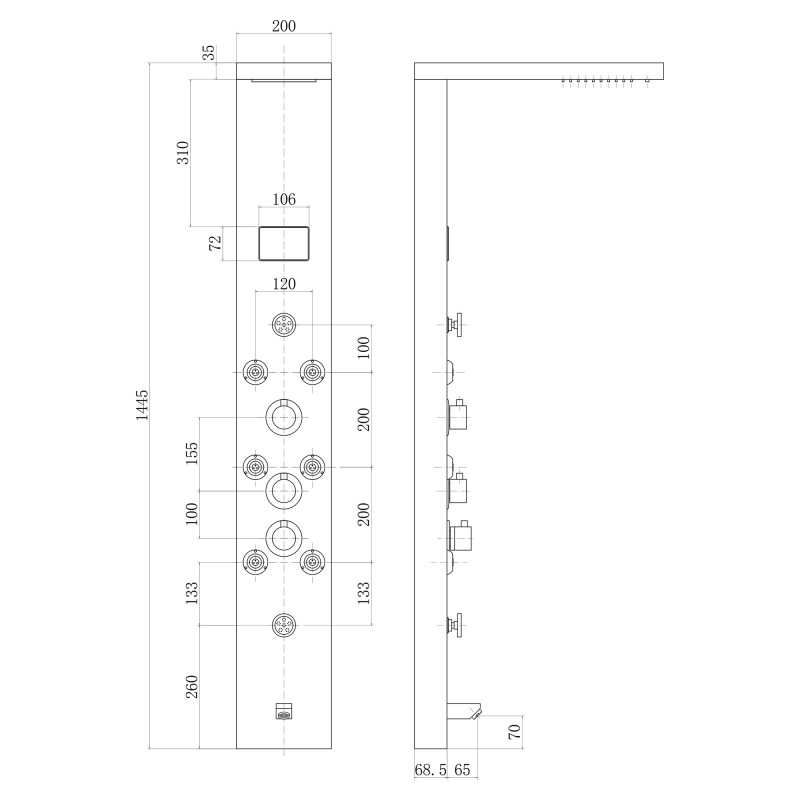 Chrome Shower Tower - Technical Drawing