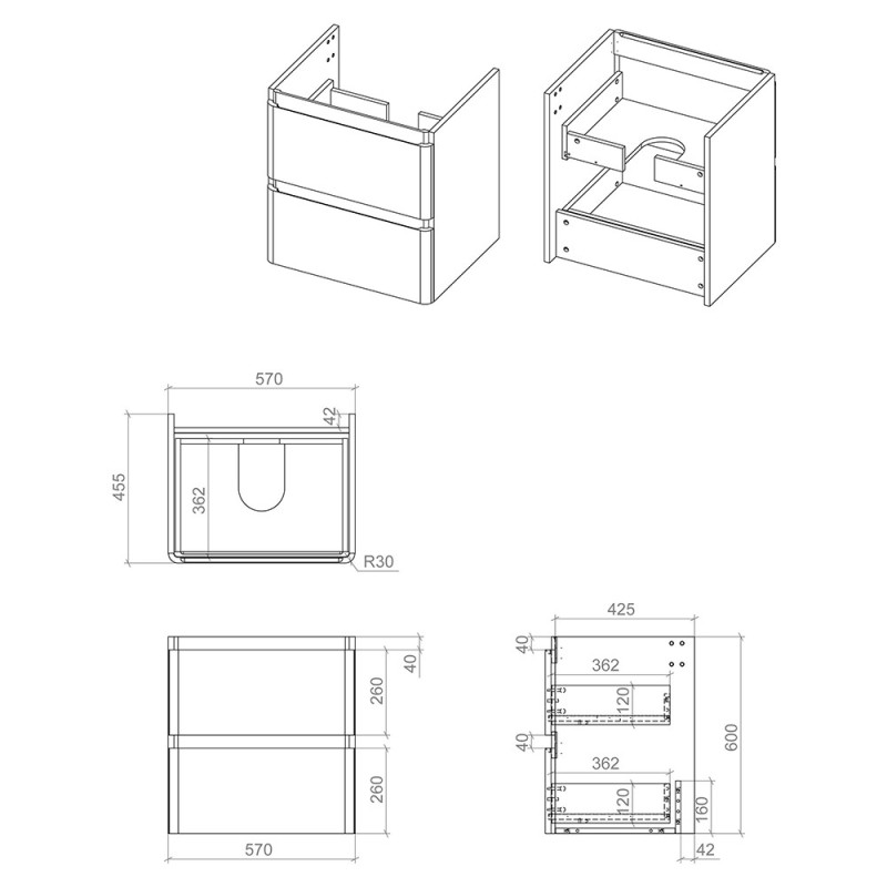 Hades 605mm (w) Wall Hung 2 Drawer Basin Unit & Basin