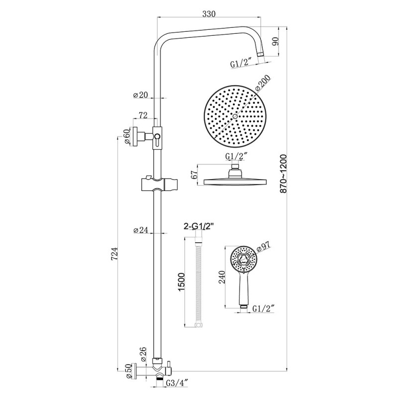 Lynq Chrome Round Shower Kit with Riser & Overhead Kit (200mm Shower Head)
