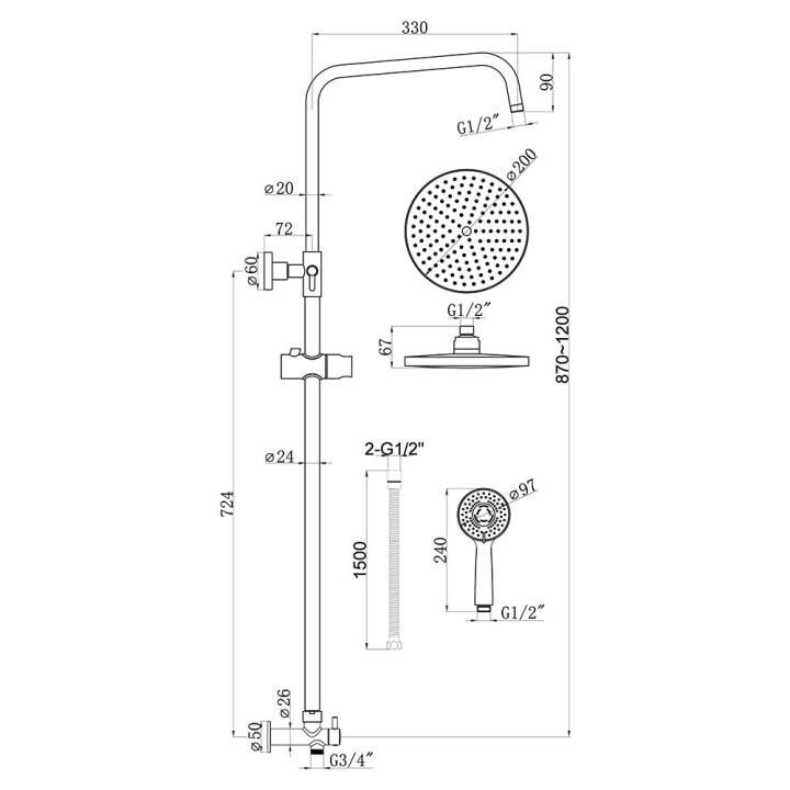 Lynq Chrome Round Shower Kit with Riser & Overhead Kit (200mm Shower Head)