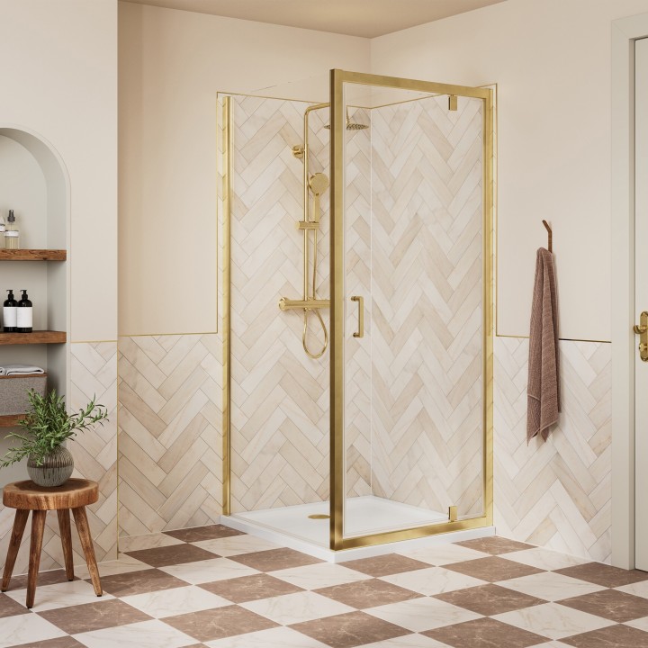 Elin Brushed Brass Framed Pivot Shower Doors 700mm to 900mm (w) - 4 Sizes