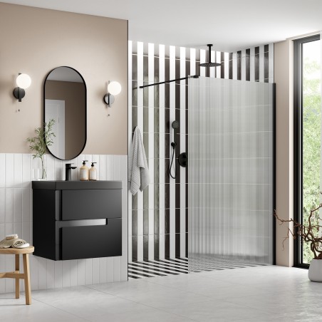 Lowri Matt Black 8mm Fluted Wetroom Panels & Support Bars - 4 Sizes
