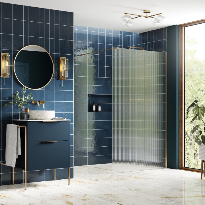 Lowri Brushed Brass 8mm Fluted Wetroom Panels & Support Bars - 4 Sizes