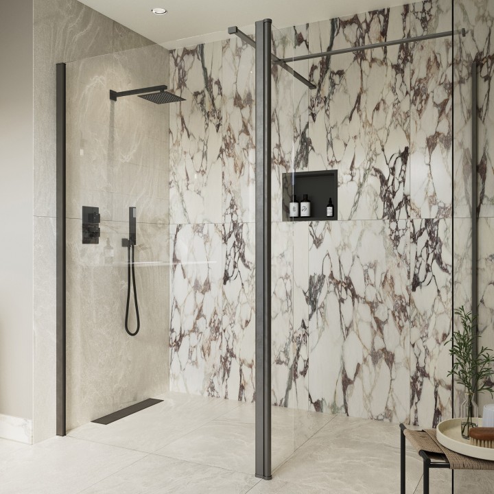 Lowri Gunmetal 8mm Wetroom Panels & Support Bar - 9 Sizes