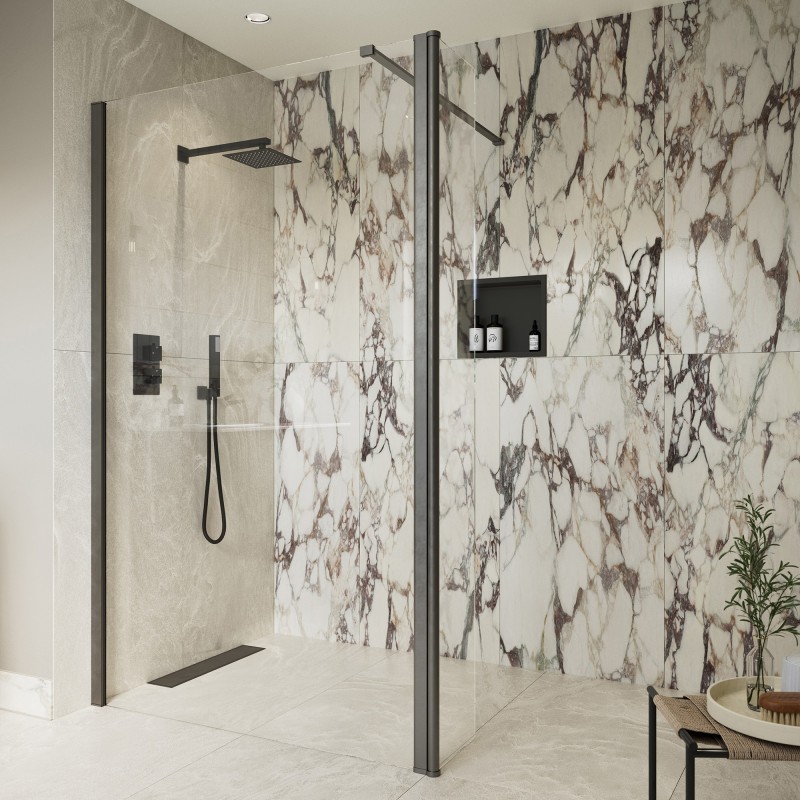 Lowri Gunmetal 8mm Wetroom Panels & Support Bar - 9 Sizes