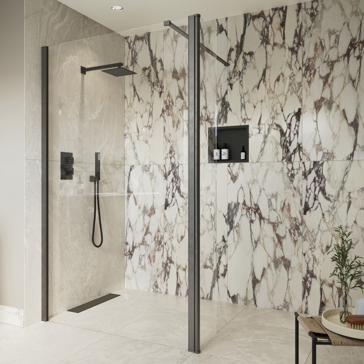 Lowri Gunmetal 8mm Wetroom Panels & Support Bar - 9 Sizes